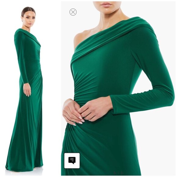 NWT Mac Duggal Ieena RUCHED JERSEY DROP One SHOULDER FOLDOVER Long Fitted Gown - Picture 3 of 7